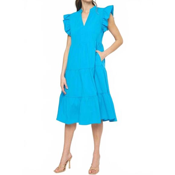 NEW ENTRO ruffled pocket tiered midi dress in cobalt - Picture 3 of 7